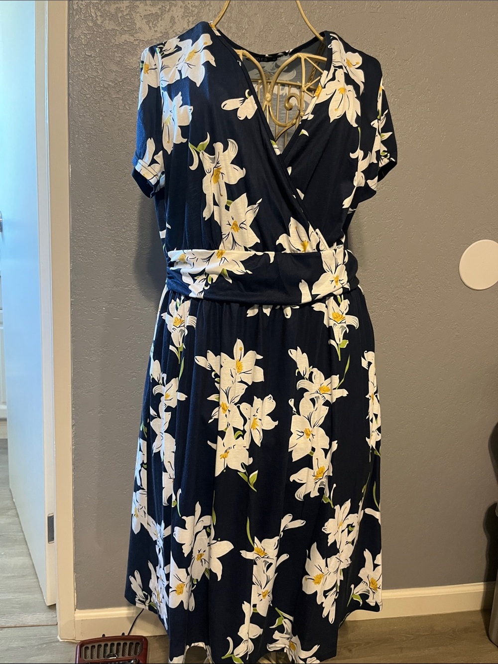 Navy Floral Wrap Dress with White Lily Print - Women